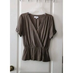 GILLI Women's Blouse V-Neck‎ Short Sleeve Rayon Linen Green Size M